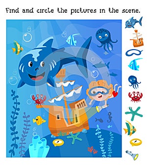 Find and circle objects. Educational game for children. Cute boy and ship under water. Funny shark, seascape, cartoon