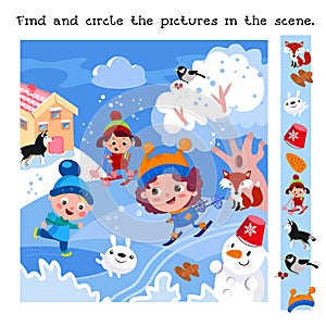 Find and circle objects. Educational game for children. Cute children and animals in winter. Children skiing and skating photo