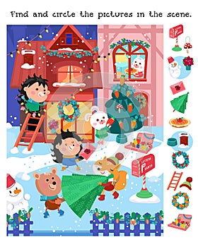 Find and circle objects. Educational game for children. Cute forest animals prepare for Christmas. Winter scene in cartoon style. photo
