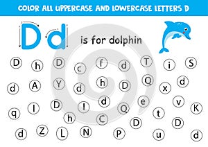 Find and color all letters D. Alphabet games for kids.