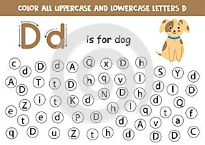 Find and color all letters D. Educational worksheet for learning alphabet