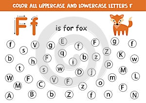 Find and color all letters F. Alphabet games for kids.