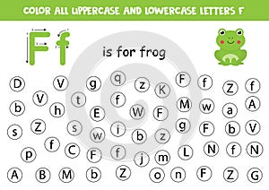 Find and color all letters F. Educational worksheet for learning alphabet