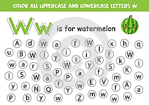 Find and color all letters W. Alphabet games for kids.