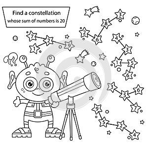 Find a constellation whose sum of numbers is 20. Puzzle Game. Coloring Page Outline Of Cartoon alien with telescope. Space.