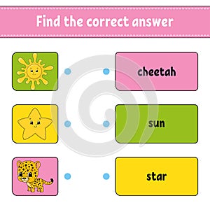 Find the correct answer. Draw a line. Learning words. Education developing worksheet. Activity page for study English. Game for