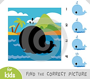 Find the correct picture, education game for kids, Cute cartoon whale with tropical island background