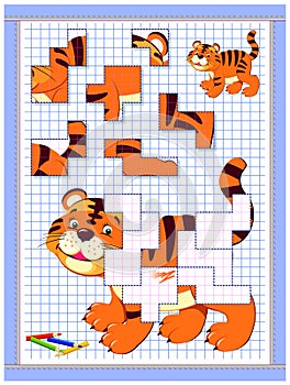 Find the correct places for pieces of puzzle and draw cute tiger. Educational page for kids. Coloring book. Printable worksheet on