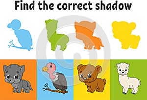 Find the correct shadow. Animal wolf, bear, alpaca. Bird vulture. Education worksheet. Matching game for kids. Color activity page