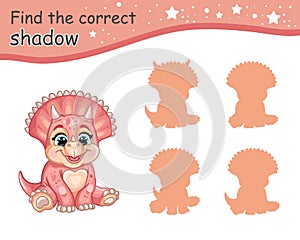 Find correct shadow of baby triceratops dinosaur vector illustration