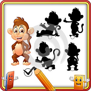 Find the correct shadow. Cartoon funny baby monkey posing. Education Game for Children