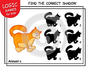 Find the correct shadow Cat. Task with answer. Cute cartoon Kitten. Learning matching game for child with fun animal. Logic Games