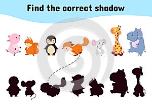 Find correct shadow. Children education game with cartoon animals. Puzzle with funny giraffe, penguin, hippo and pig