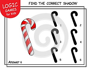 Find the correct shadow Christmas candy cane. Cute cartoon New Year dessert. Educational matching game for child with lollypop