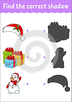 Find the correct shadow. Christmas theme. Education developing worksheet. Matching game for kids. Color activity page. Puzzle for