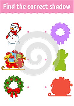 Find the correct shadow. Christmas theme. Education developing worksheet. Matching game for kids. Color activity page. Puzzle for