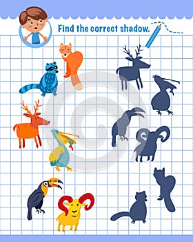 Find the correct shadow. Connect pictures. Game for children. Activity, vector.