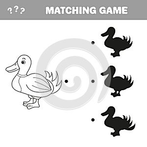 Find correct shadow. The Cute Cartoon Duck. Educational Game for Kids. Vector