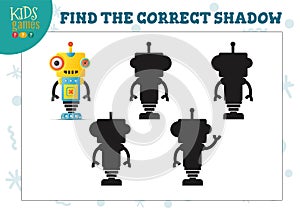 Find the correct shadow for cute cartoon humanoid robot educational preschool kids mini game