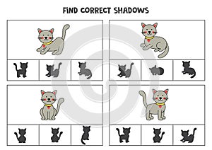 Find correct shadow of cute cats. Printable clip card games for children.