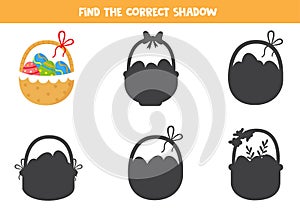 Find the correct shadow of cute Easter basket. Logical puzzle for kids