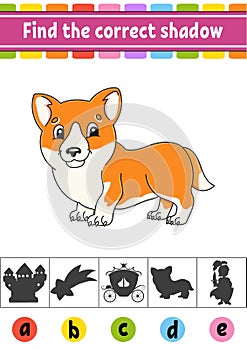 Find the correct shadow. Education developing worksheet. Activity page. Color game for children. Isolated vector illustration.