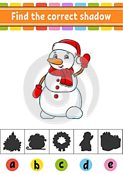 Find the correct shadow. Education developing worksheet. Christmas theme. Activity page. Color game for children. Isolated vector