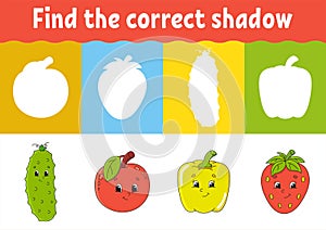 Find the correct shadow. Education developing worksheet. Matching game for kids. Activity page. Puzzle for children. Riddle for