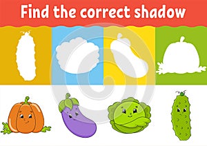 Find the correct shadow. Education developing worksheet. Matching game for kids. Activity page. Puzzle for children. Riddle for