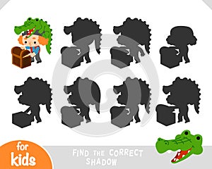 Find the correct shadow, education game, Cartoon character pirate and crocodile and treasure chest