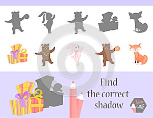 Find the correct shadow, education game for children. Cute Cartoon animals and Nature. vector illustration.