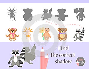 Find the correct shadow, education game for children. Cute Cartoon animals and Nature. vector illustration.