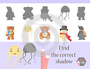 Find the correct shadow, education game for children. Cute Cartoon animals and Nature. vector illustration.