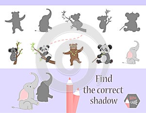 Find the correct shadow, education game for children. Cute Cartoon animals and Nature. vector illustration.