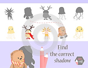 Find the correct shadow, education game for children. Cute Cartoon animals and Nature. vector illustration.