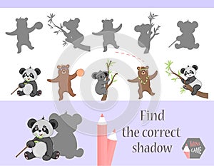 Find the correct shadow, education game for children. Cute Cartoon animals and Nature. vector illustration.