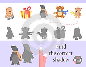 Find the correct shadow, education game for children. Cute Cartoon animals and Nature. vector illustration.