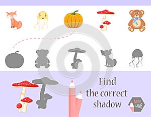 Find the correct shadow, education game for children. Cute Cartoon animals and Nature. vector illustration.