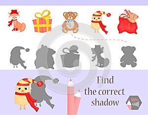 Find the correct shadow, education game for children. Cute Cartoon animals and Nature. vector illustration.