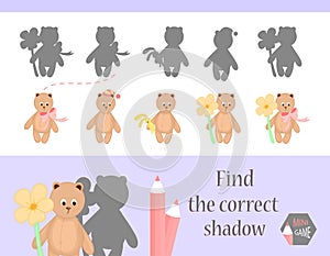 Find the correct shadow, education game for children. Cute Cartoon animals and Nature. vector illustration. bear
