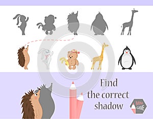 Find the correct shadow, education game for children. Cute Cartoon animals and Nature. vector illustration. bear, hare