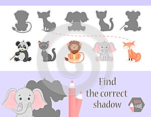 Find the correct shadow, education game for children. Cute Cartoon animals and Nature. vector illustration. cat, gift
