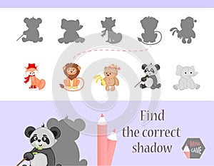 Find the correct shadow, education game for children. Cute Cartoon animals and Nature. vector illustration. gift,lion