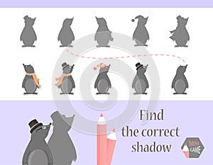 Find the correct shadow, education game for children. Cute Cartoon animals and Nature. vector illustration. mole