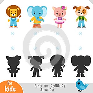 Find the correct shadow, education game for children, Set of cute cartoon cute characters animals
