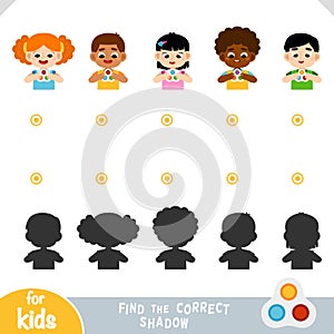 Find the correct shadow, education game for kids. Girls and boys holding antistress simple dimple toy in hands