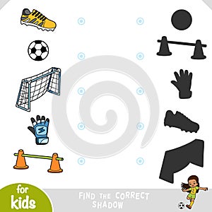 Find the correct shadow, education game for kids, set of football sport objects photo