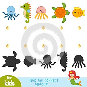 Find the correct shadow, education game. Set of sea animals