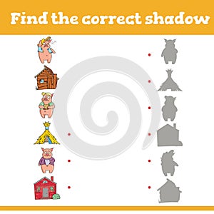 Find the correct shadow Education games with three little pigs. Preschool or kindergarten worksheet. Vector illustration