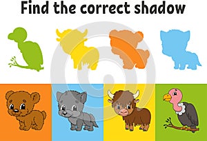 Find the correct shadow. Education worksheet. Matching game for kids. Bear, wolf, yak, vulture. Color activity page. Puzzle for